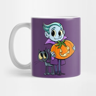 little dracula holds a pumpkin for halloween and the cat flies around his legs Mug